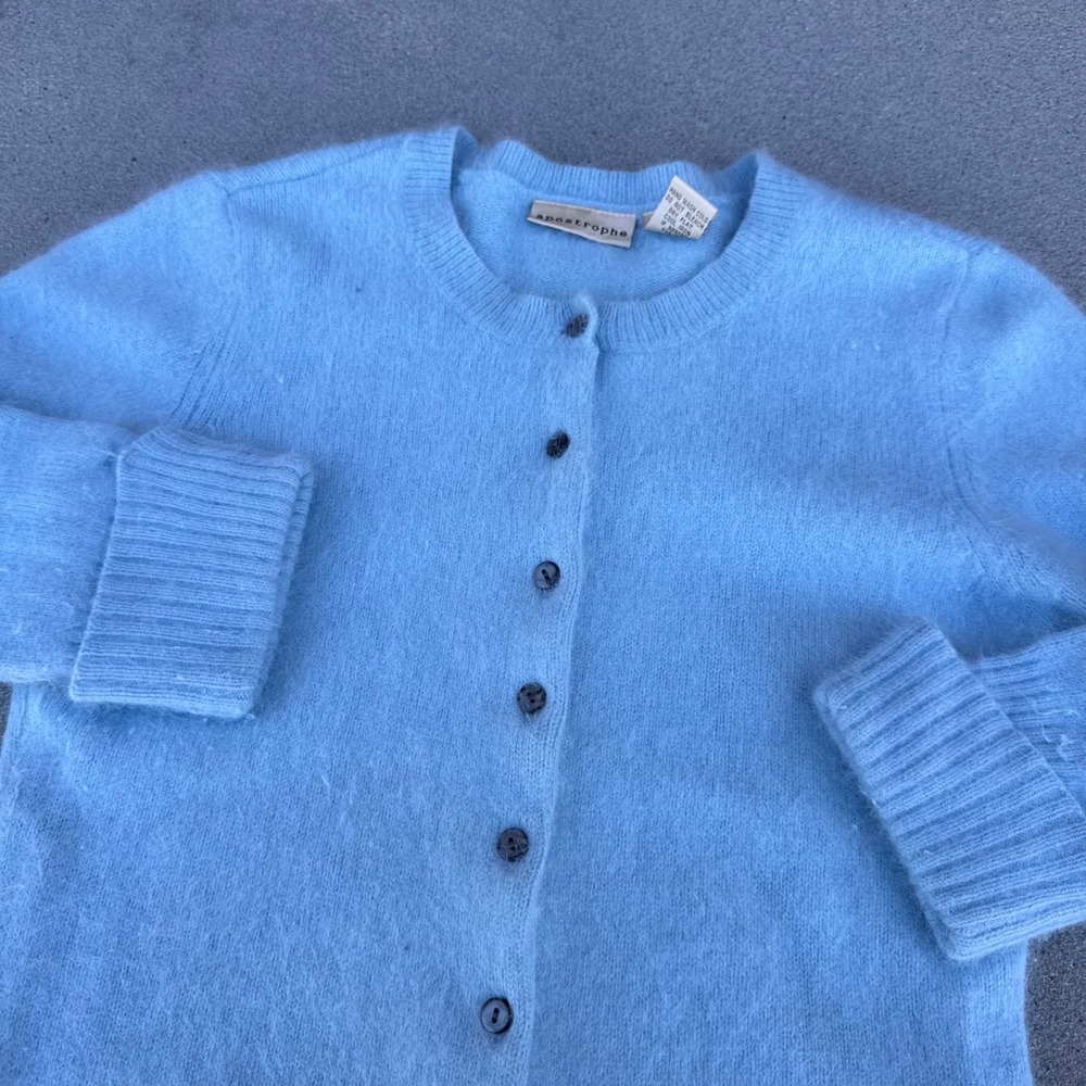 Vintage Apostrophe Angora Rabbit Hair Cardigan Sweater Blue Medium